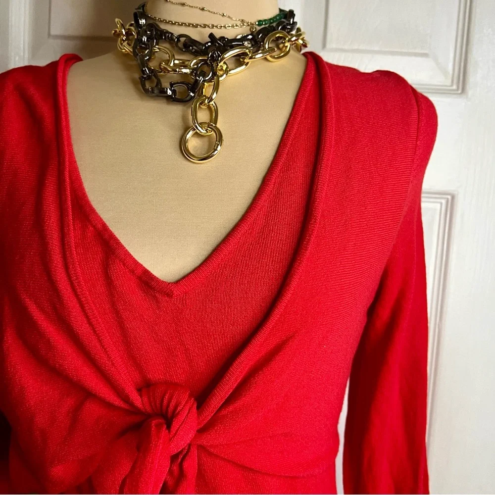 Vintage Cherry Red BloomingdalesY2K Women’s Red Knit Tie Shrug Overlay Dress M - Picture 2 of 9